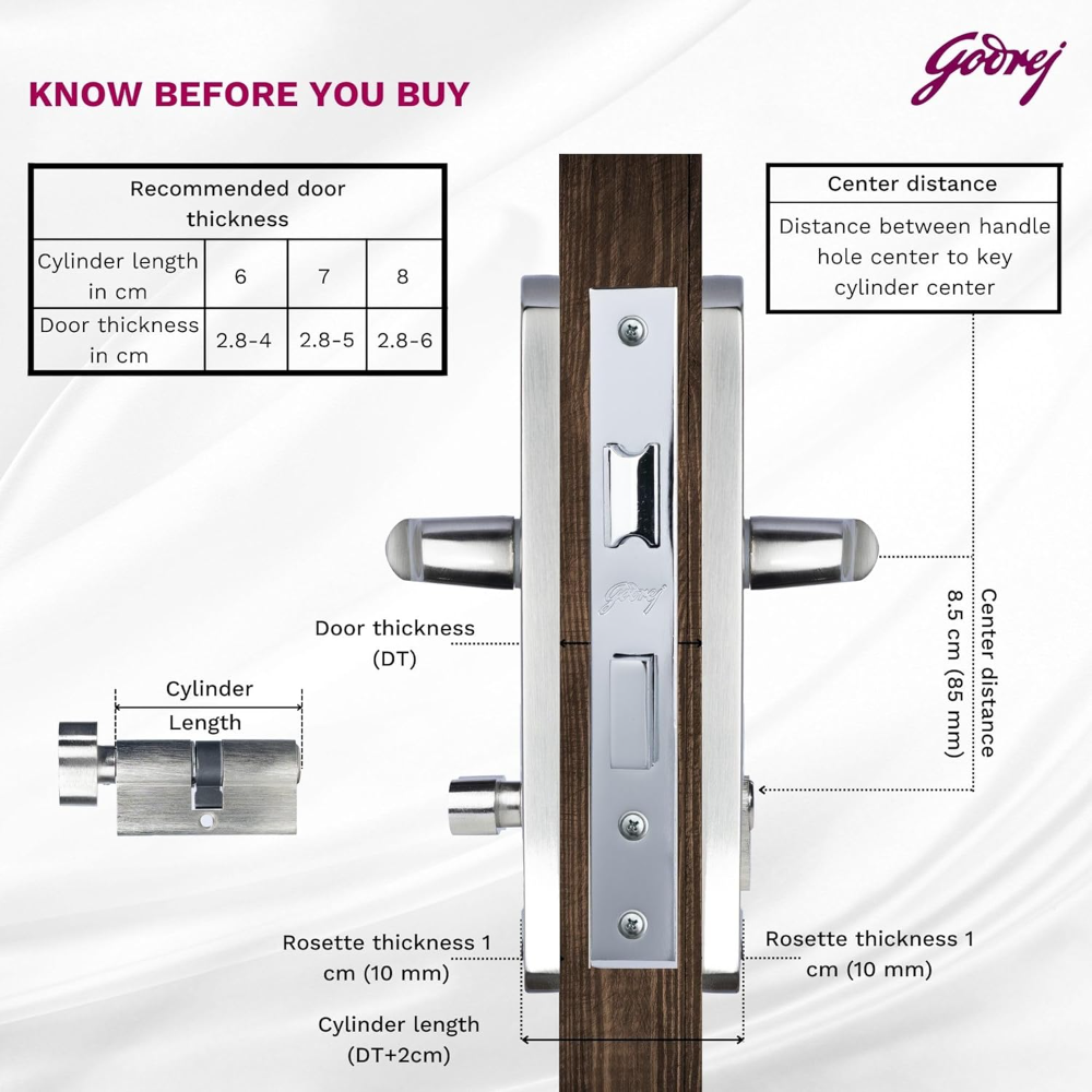 Godrej Mortise Lock I Handle Set 1CK EM01 I Satin Steel Finish I 6-Lever Lock I Double Throw I 5